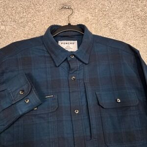 Poncho Mens Large Slim Fit Flannel Shirt Magnetic Pockets Blue plaid